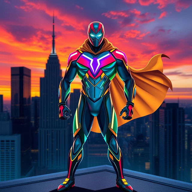 A brand new superhero character design, featuring a vibrant, futuristic suit with a sleek, aerodynamic shape