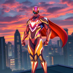 A brand new superhero character design, featuring a vibrant, futuristic suit with a sleek, aerodynamic shape