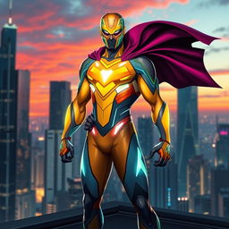A brand new superhero character design, featuring a vibrant, futuristic suit with a sleek, aerodynamic shape