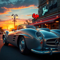 A highly detailed and artistic rendering of a classic Benz car, showcasing its sleek design with elegant curves and shiny chrome accents
