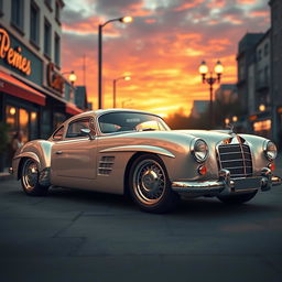 A highly detailed and artistic rendering of a classic Benz car, showcasing its sleek design with elegant curves and shiny chrome accents