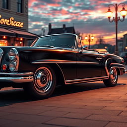 A highly detailed and artistic rendering of a classic Benz car, showcasing its sleek design with elegant curves and shiny chrome accents