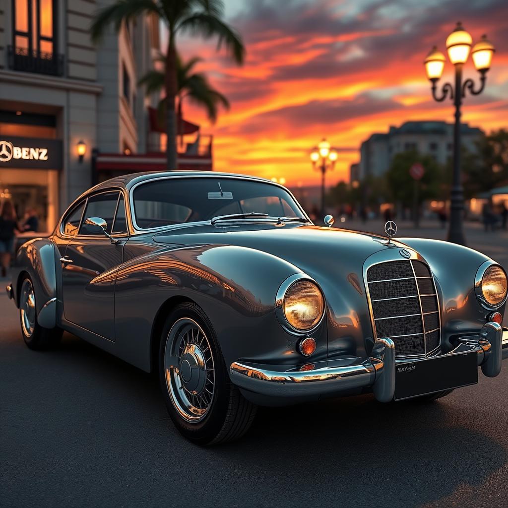 A highly detailed and artistic rendering of a classic Benz car, showcasing its sleek design with elegant curves and shiny chrome accents