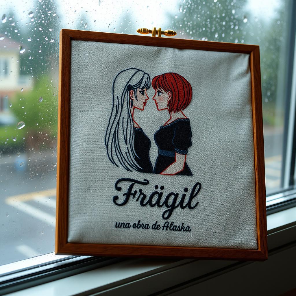 An embroidered picture resting on a window that overlooks a rainy scene