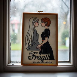 An embroidered picture resting on a window that overlooks a rainy scene