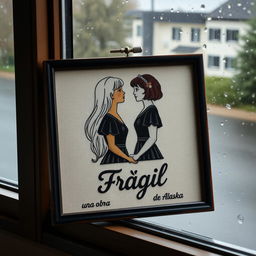 An embroidered picture resting on a window that overlooks a rainy scene