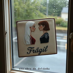 An embroidered picture resting on a window that overlooks a rainy scene