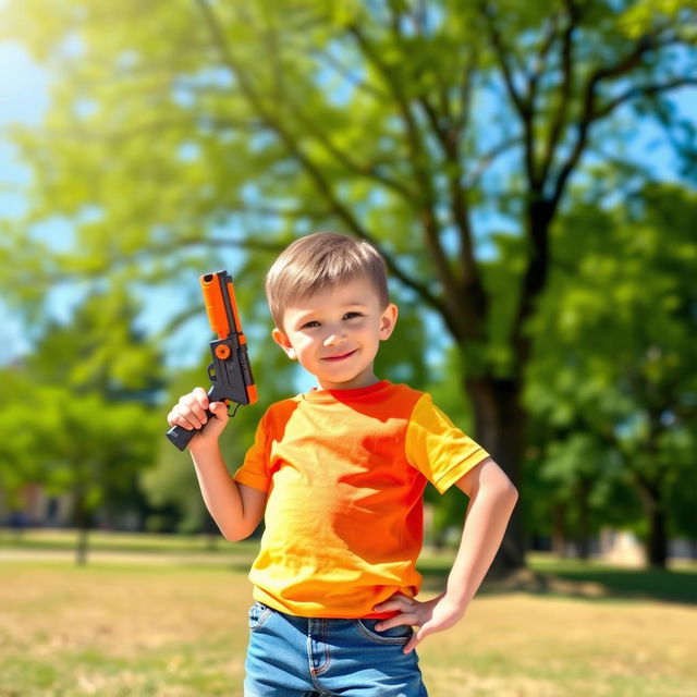 A young boy standing confidently, holding a toy gun in his right hand