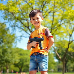 A young boy standing confidently, holding a toy gun in his right hand