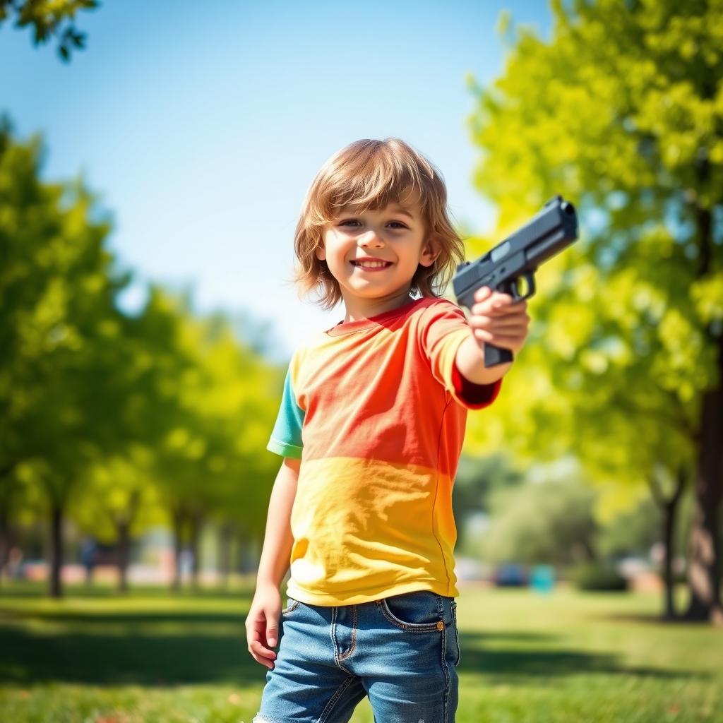 A young boy standing confidently, holding a toy gun in his right hand