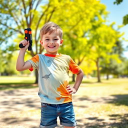 A young boy standing confidently, holding a toy gun in his right hand