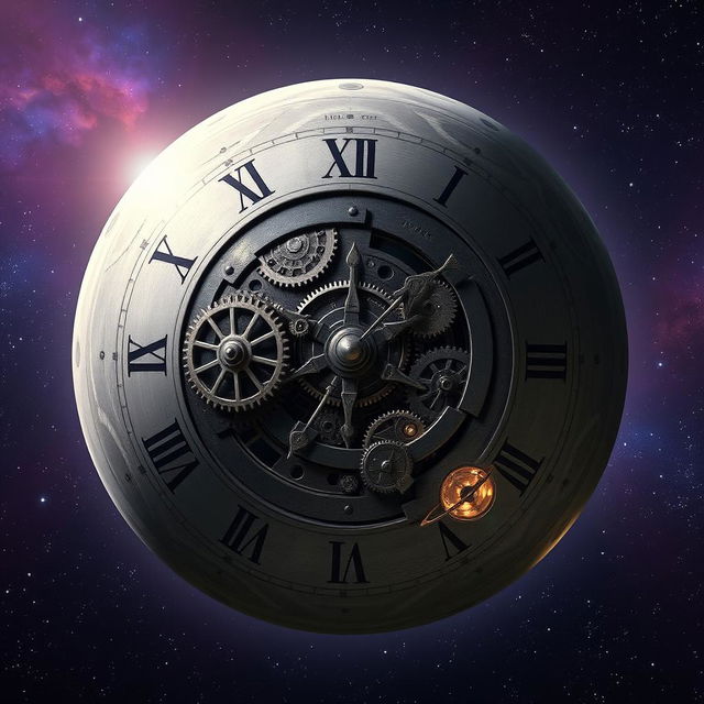 A surreal planet designed to resemble a giant clock, featuring intricate clock gears and mechanisms visible on its surface