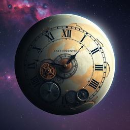 A surreal planet designed to resemble a giant clock, featuring intricate clock gears and mechanisms visible on its surface