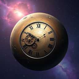 A surreal planet designed to resemble a giant clock, featuring intricate clock gears and mechanisms visible on its surface