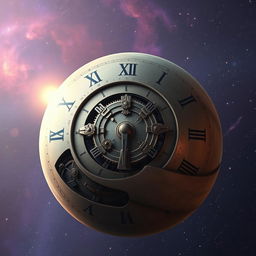 A surreal planet designed to resemble a giant clock, featuring intricate clock gears and mechanisms visible on its surface