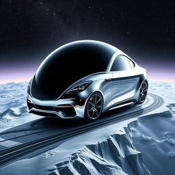 A surreal planet designed to resemble a luxury Benz car, showcasing smooth metallic surfaces and sleek aerodynamic features