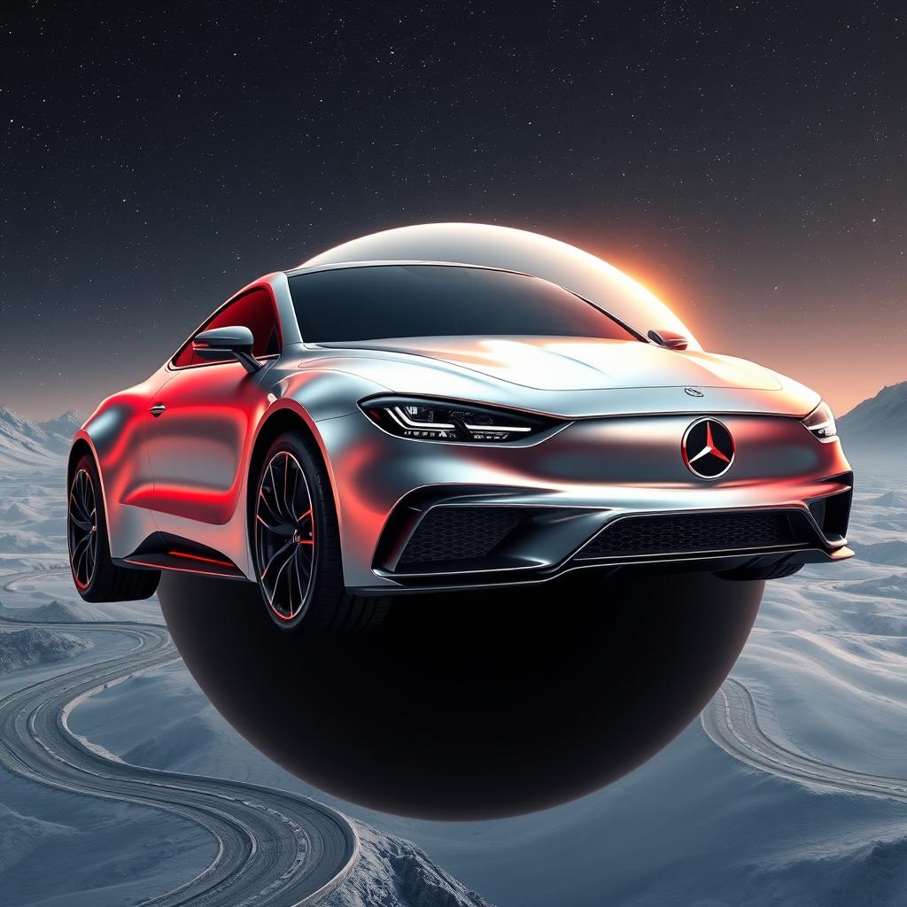 A surreal planet designed to resemble a luxury Benz car, showcasing smooth metallic surfaces and sleek aerodynamic features