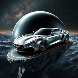 A surreal planet designed to resemble a luxury Benz car, showcasing smooth metallic surfaces and sleek aerodynamic features