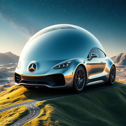 A surreal planet designed to resemble a luxury Benz car, showcasing smooth metallic surfaces and sleek aerodynamic features