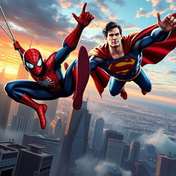 A vibrant and dynamic action scene featuring iconic superheroes from both Marvel and DC universes