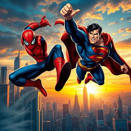 A vibrant and dynamic action scene featuring iconic superheroes from both Marvel and DC universes