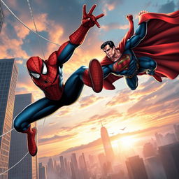 A vibrant and dynamic action scene featuring iconic superheroes from both Marvel and DC universes