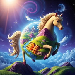 A whimsical planet shaped like a horse, featuring a vibrant, colorful landscape with rolling hills and fantastical flora, radiant skies with swirling clouds, and stars twinkling in the background