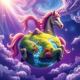 A whimsical planet shaped like a horse, featuring a vibrant, colorful landscape with rolling hills and fantastical flora, radiant skies with swirling clouds, and stars twinkling in the background