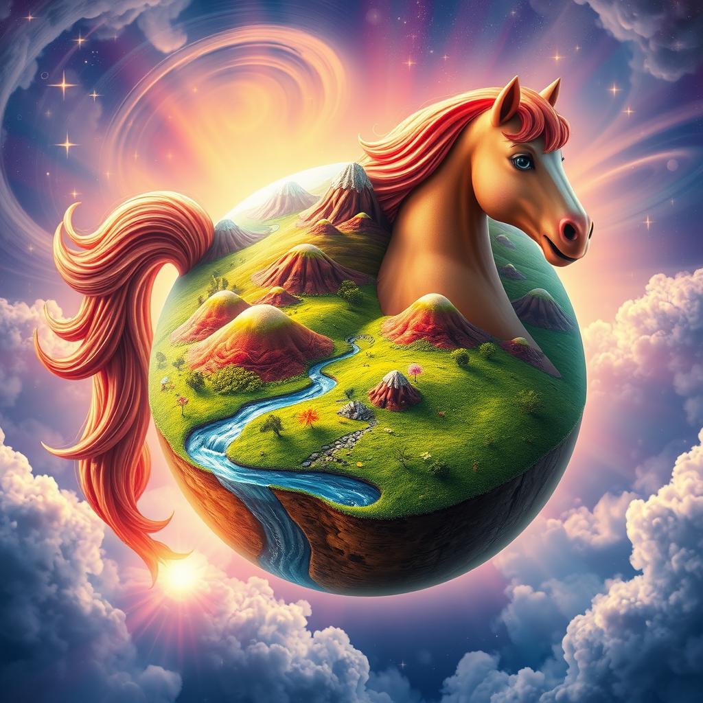 A whimsical planet shaped like a horse, featuring a vibrant, colorful landscape with rolling hills and fantastical flora, radiant skies with swirling clouds, and stars twinkling in the background