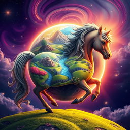 A whimsical planet shaped like a horse, featuring a vibrant, colorful landscape with rolling hills and fantastical flora, radiant skies with swirling clouds, and stars twinkling in the background