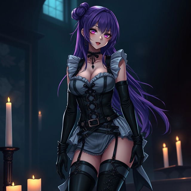 A sexy gothic anime girl maid with long, flowing purple hair styled in a bun