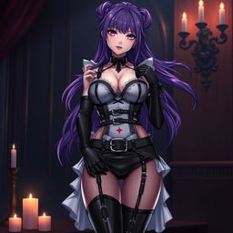 A sexy gothic anime girl maid with long, flowing purple hair styled in a bun