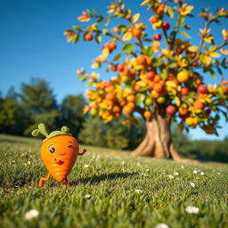 A whimsical scene featuring a vibrant orange carrot with a green leafy top, walking on two tiny legs towards a large, colorful tree with a variety of leaves and fruits