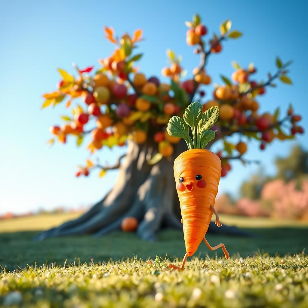 A whimsical scene featuring a vibrant orange carrot with a green leafy top, walking on two tiny legs towards a large, colorful tree with a variety of leaves and fruits