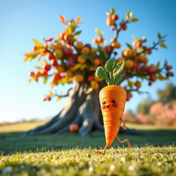 A whimsical scene featuring a vibrant orange carrot with a green leafy top, walking on two tiny legs towards a large, colorful tree with a variety of leaves and fruits