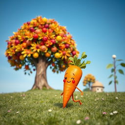 A whimsical scene featuring a vibrant orange carrot with a green leafy top, walking on two tiny legs towards a large, colorful tree with a variety of leaves and fruits