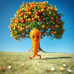 A whimsical scene featuring a vibrant orange carrot with a green leafy top, walking on two tiny legs towards a large, colorful tree with a variety of leaves and fruits