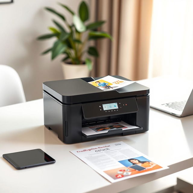 A modern stationary printer situated on a simple, clean office desk