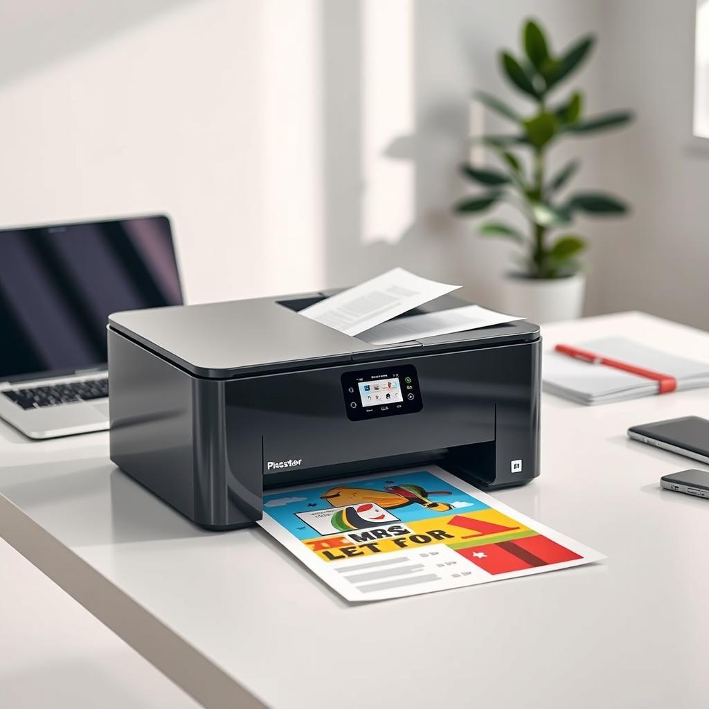 A modern stationary printer situated on a simple, clean office desk