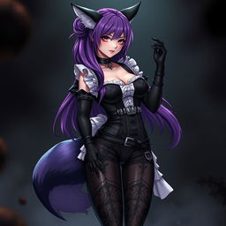 A sexy gothic kitsune anime girl maid with long, flowing purple hair styled elegantly in a bun
