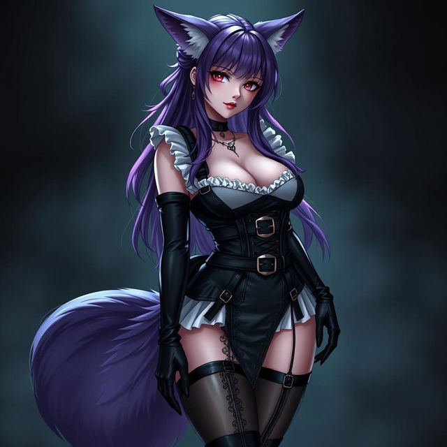 A sexy gothic kitsune anime girl maid with long, flowing purple hair styled elegantly in a bun