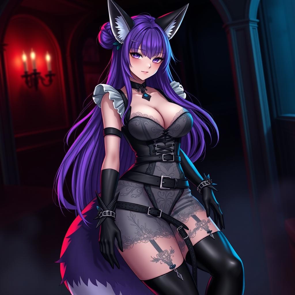 A sexy gothic kitsune anime girl maid with long, flowing purple hair styled elegantly in a bun