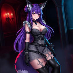 A sexy gothic kitsune anime girl maid with long, flowing purple hair styled elegantly in a bun