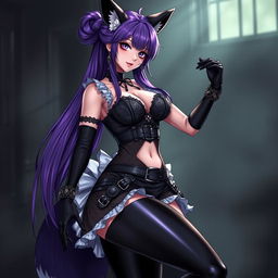 A sexy gothic kitsune anime girl maid with long, flowing purple hair styled elegantly in a bun