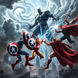 A dynamic and action-packed scene featuring iconic Marvel superheroes in a dramatic battle against a powerful villain on a futuristic cityscape background