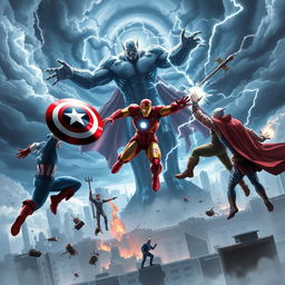 A dynamic and action-packed scene featuring iconic Marvel superheroes in a dramatic battle against a powerful villain on a futuristic cityscape background