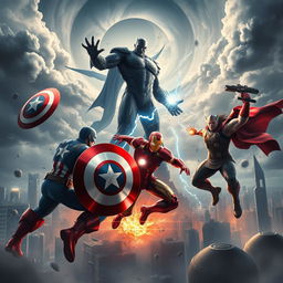 A dynamic and action-packed scene featuring iconic Marvel superheroes in a dramatic battle against a powerful villain on a futuristic cityscape background