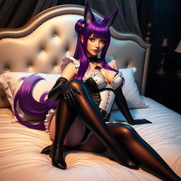 A sexy gothic kitsune anime girl maid with long, vibrant purple hair styled neatly in a bun, pinning you down playfully in a luxurious bed