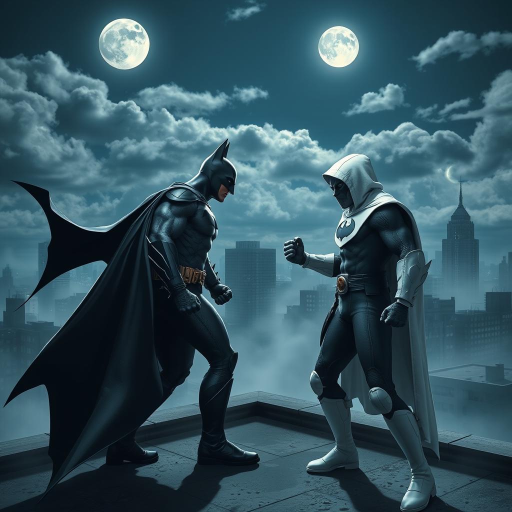An epic showdown between Batman and Moon Knight, set on a gritty urban rooftop at night