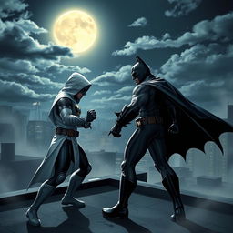 An epic showdown between Batman and Moon Knight, set on a gritty urban rooftop at night
